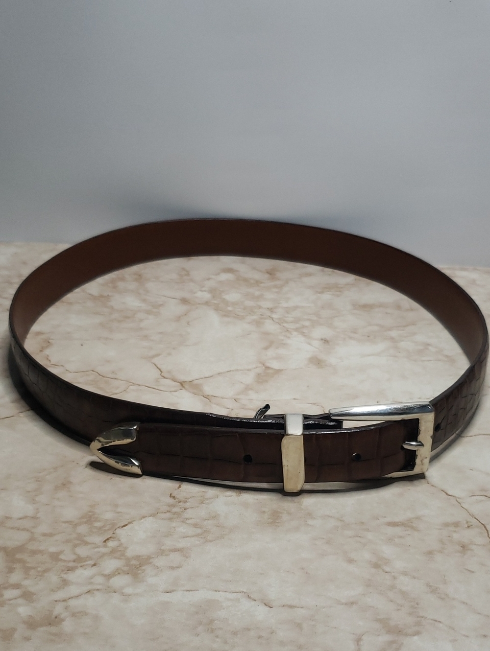 Onyx By Brighton Men's Brown Croc-Embossed Leather Belt with Silver Buckle 38